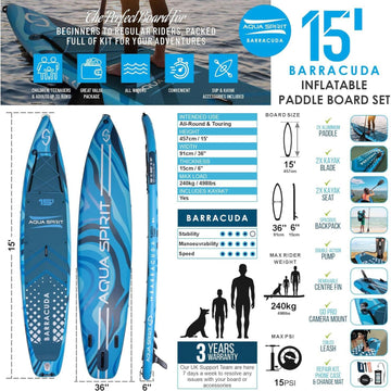 Aqua Spirit Barracuda 15’ 2 Person Tamden Inflatable Stand up Paddle Board SUP Kayak Package, 240KG Limit, 2x Seat, 2x Paddle & Kayak Blade, Pump, Go Pro Mount, Bag, Change Mat - Aqua Spirit iSUPs UK